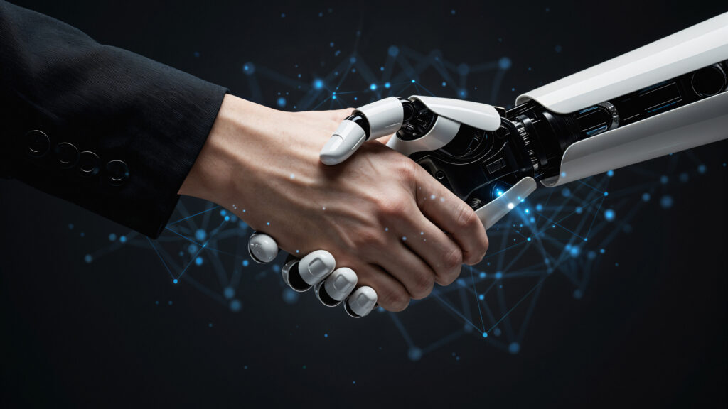 Mens die een robot de hand schut